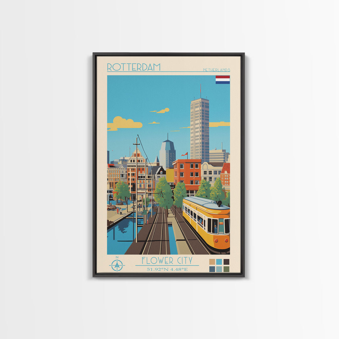 Rotterdam Netherlands Travel Poster Framed Canvas Print, Midcentury Modern Art, Pop Art Wall Decor, Home Decor, Vacation Gift, Bedroom Art