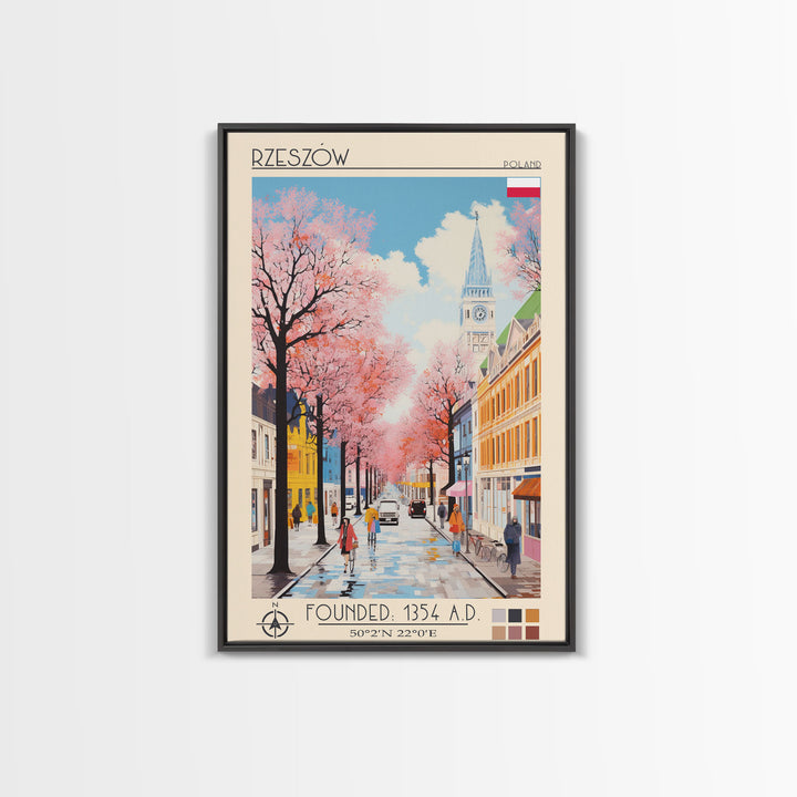 Rzeszów Poland Travel Poster Framed Canvas Print, Midcentury Modern Art, Pop Art Wall Decor, Living Room Art, Bedroom Decoration