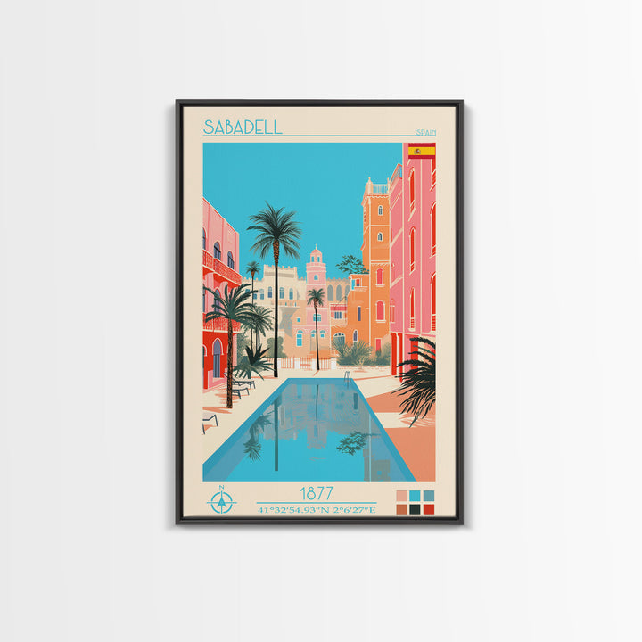 Sabadell Spain Travel Poster Framed Canvas Print, Midcentury Modern Art, Pop Art Wall Decor, Home Decor, Vacation Gift, Office Art