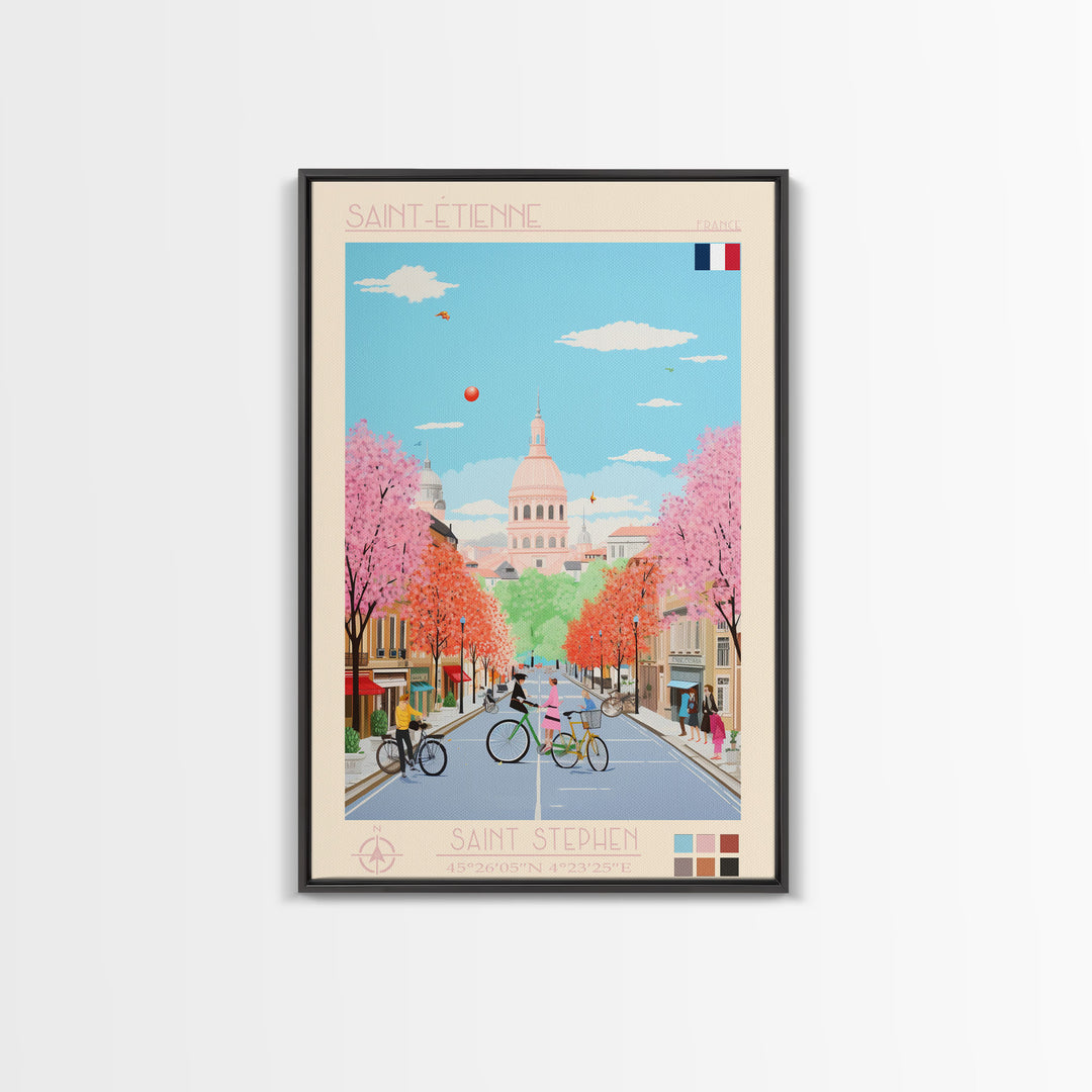 Saint-Étienne France Travel Poster Framed Canvas Print, Midcentury Modern Art, Pop Art Wall Decor, Living Room Art, Vacation Gift