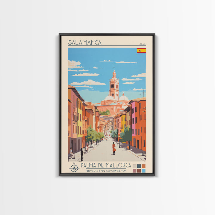 Salamanca Spain Travel Poster Framed Canvas Print, Midcentury Modern Art, Pop Art Wall Decor, Scenic Wall Art, Bedroom Decoration