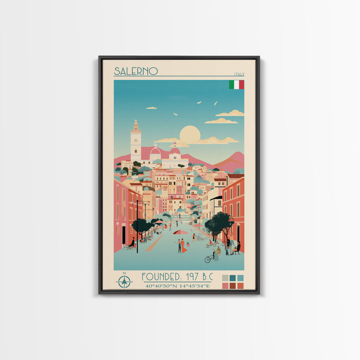 Salerno Italy Travel Poster Framed Canvas Print, Midcentury Modern Art, Pop Art Wall Decor, Home Decor, Office Gift, Living Room Art