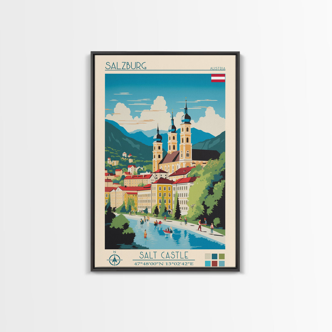 Salzburg Austria Travel Poster Framed Canvas Print, Midcentury Modern Art, Pop Art Wall Decor, Scenic Wall Art, Bedroom Art