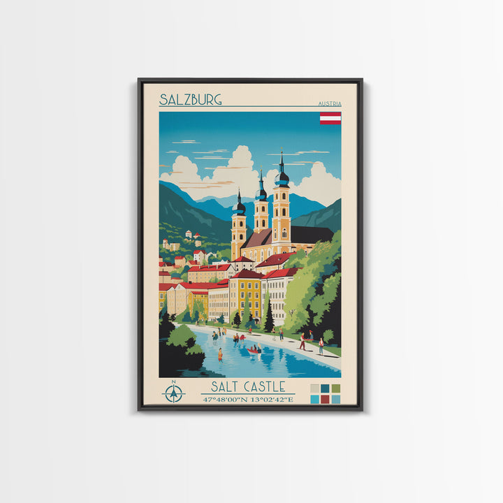 Salzburg Austria Travel Poster Framed Canvas Print, Midcentury Modern Art, Pop Art Wall Decor, Scenic Wall Art, Bedroom Art