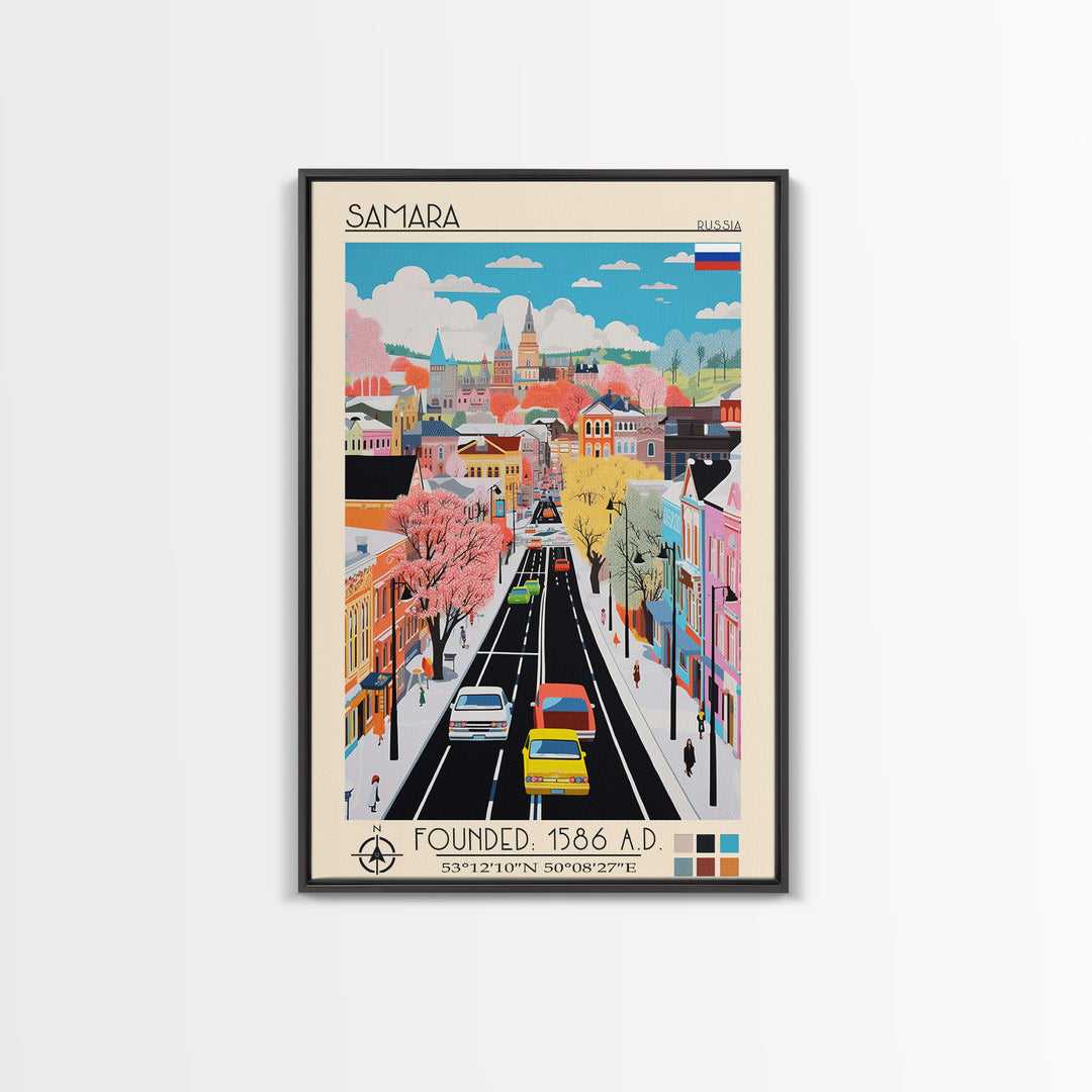 Samara Russia Travel Poster Framed Canvas Print, Midcentury Modern Art, Pop Art Wall Decor, Home Decor, Office Decoration, Scenic Art