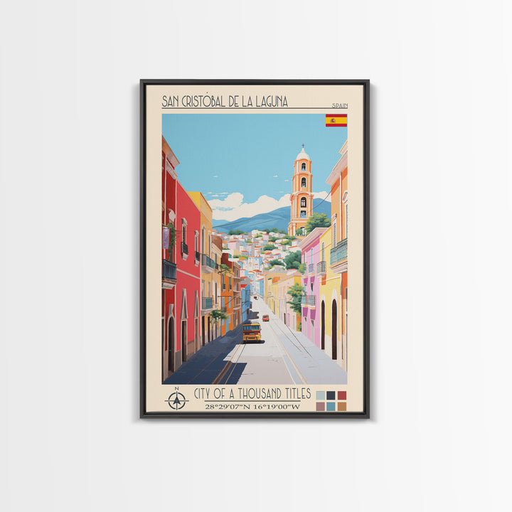 San Cristóbal de La Laguna Spain Travel Poster Framed Canvas Print, Midcentury Modern Art, Pop Art Wall Decor, Bedroom Decor, Scenic Art