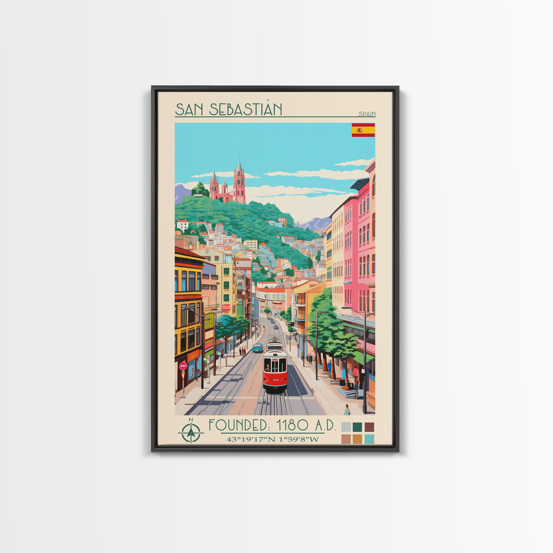 San Sebastian Spain Travel Poster Framed Canvas Print, Midcentury Modern Art, Pop Art Wall Decor, Home Decor, Office Art