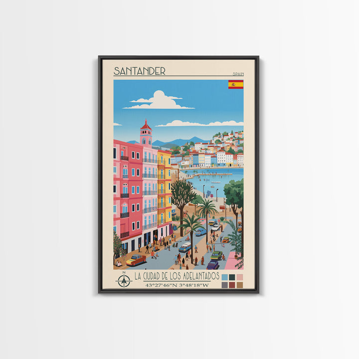 Santander Spain Travel Poster Framed Canvas Print, Midcentury Modern Art, Pop Art Wall Decor, Scenic Wall Art, Vacation Gift