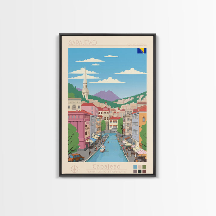 Sarajevo Bosnia and Herzegovina Travel Poster Framed Canvas Print, Midcentury Modern Art, Pop Art Wall Decor, Home Decor, Office Decoration