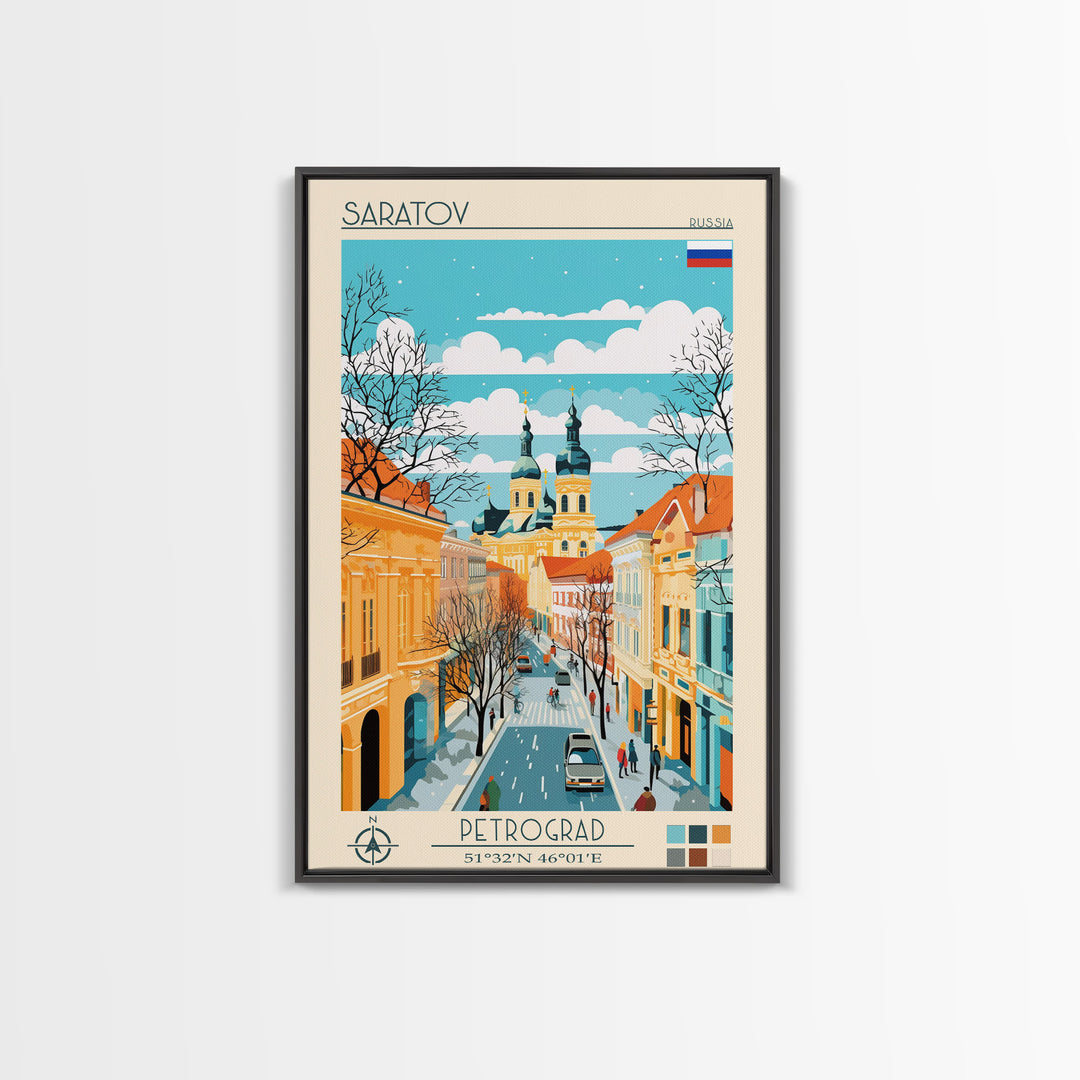 Saratov Russia Travel Poster Framed Canvas Print, Midcentury Modern Art, Pop Art Wall Decor, Home Decor, Vacation Gift