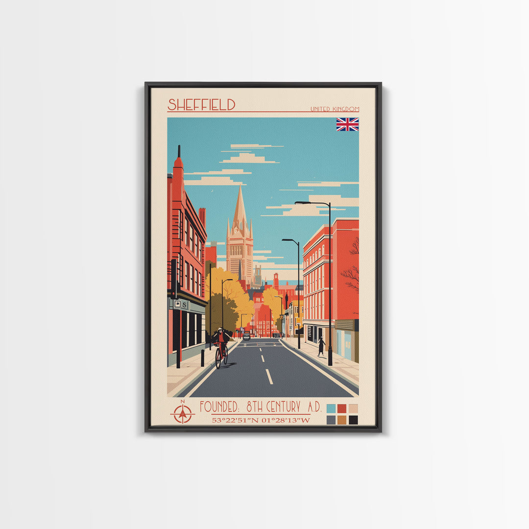 Sheffield United Kingdom Travel Poster Framed Canvas Print, Midcentury Modern Art, Pop Art Wall Decor, Home Decor, Vacation Gift, Office Art