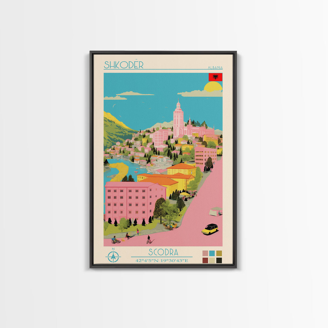 Shkodër Albania Travel Poster Framed Canvas Print, Midcentury Modern Art, Pop Art Wall Decor, Scenic Wall Art, Bedroom Decoration