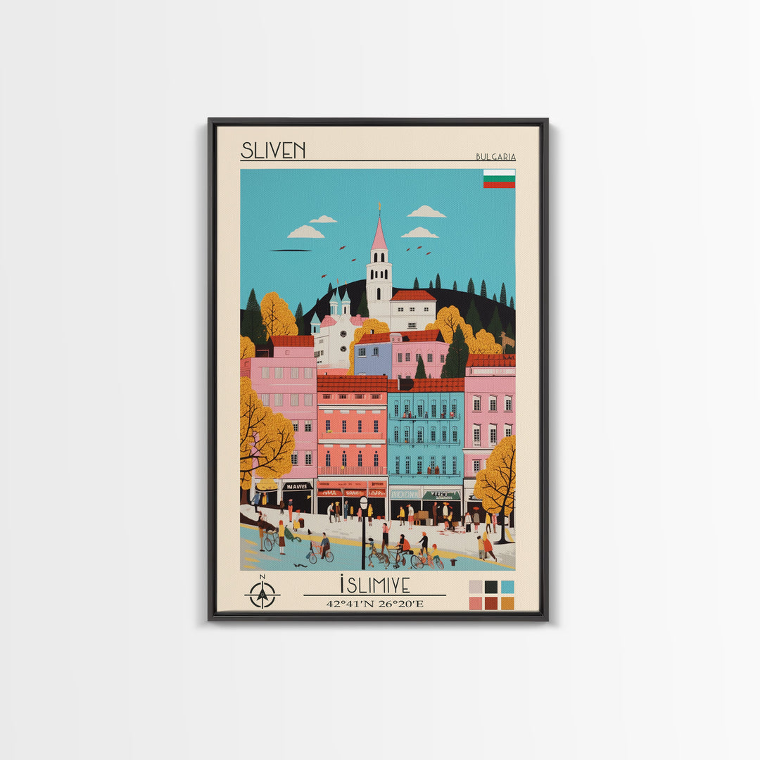 Sliven Bulgaria Travel Poster Framed Canvas Print, Midcentury Modern Art, Pop Art Wall Decor, Living Room Art, Vacation Gift