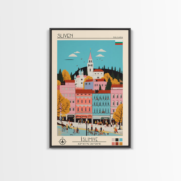 Sliven Bulgaria Travel Poster Framed Canvas Print, Midcentury Modern Art, Pop Art Wall Decor, Living Room Art, Vacation Gift