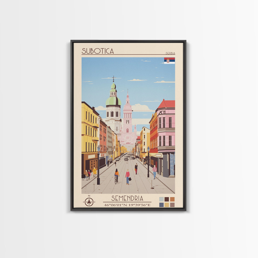 Subotica Serbia Travel Poster Framed Canvas Print, Midcentury Modern Art, Pop Art Wall Decor, Living Room Art, Home Decoration