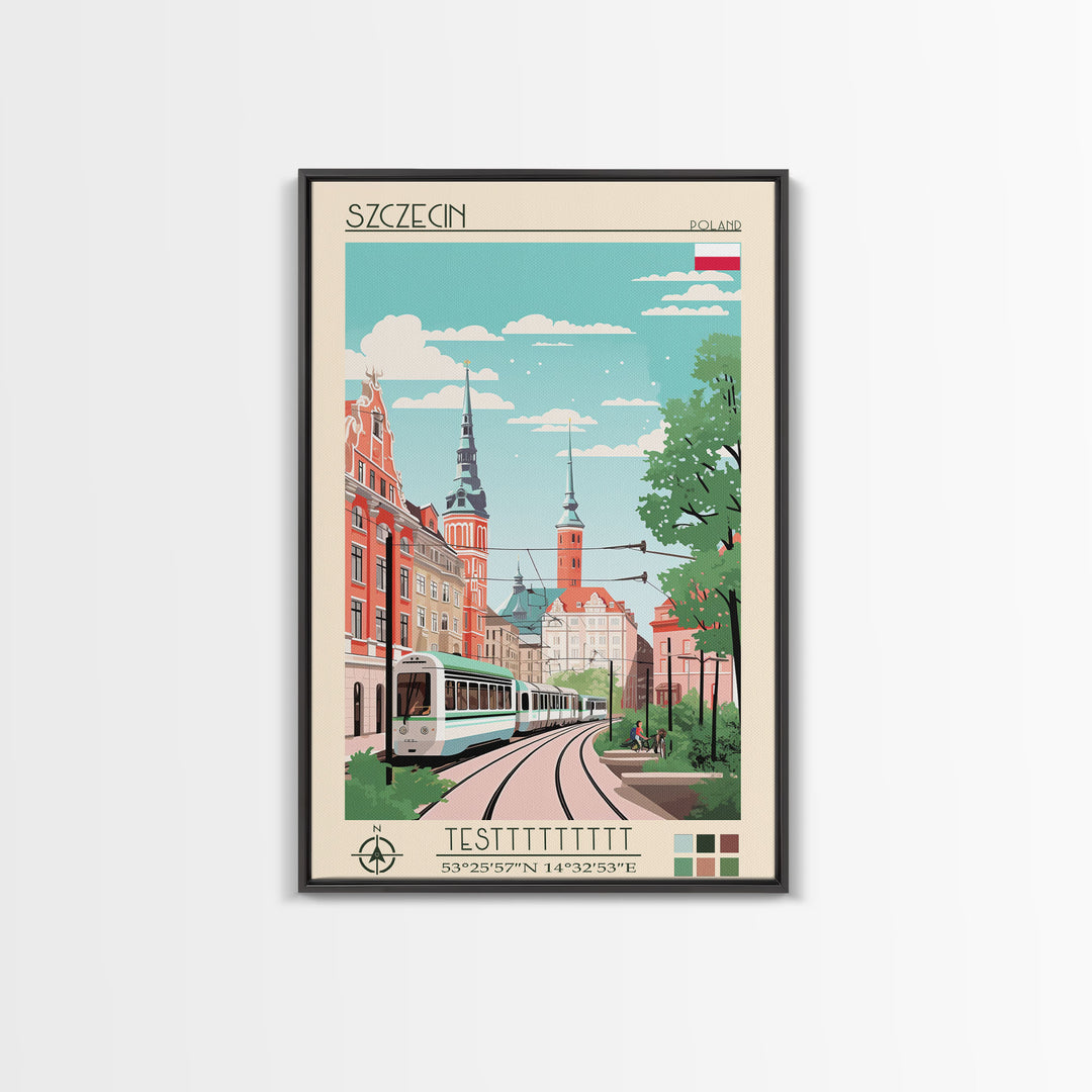 Szczecin Poland Travel Poster Framed Canvas Print, Midcentury Modern Art, Pop Art Wall Decor, Living Room Art, Scenic Wall Art