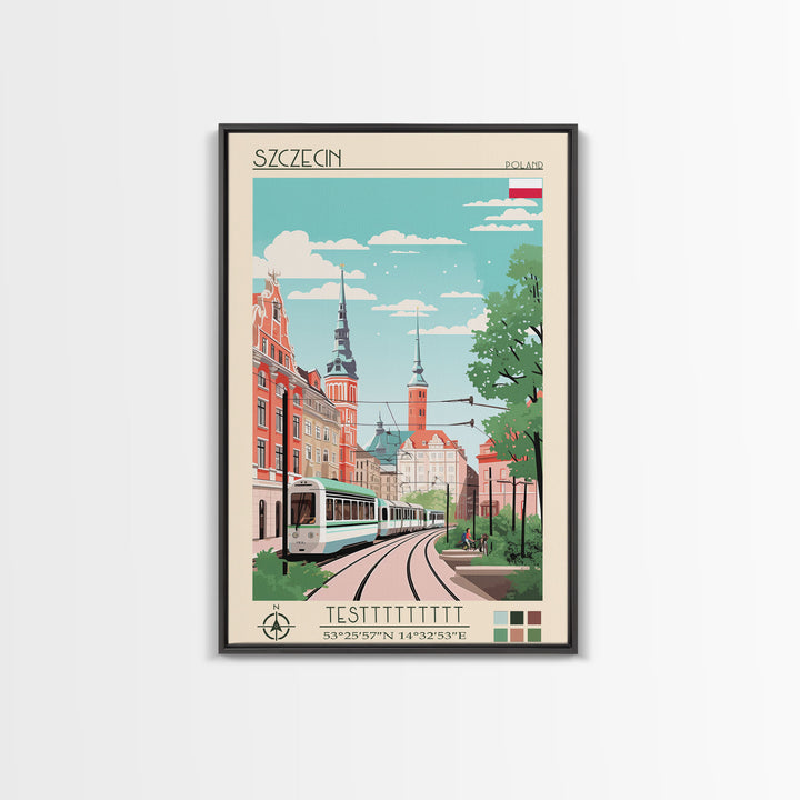 Szczecin Poland Travel Poster Framed Canvas Print, Midcentury Modern Art, Pop Art Wall Decor, Living Room Art, Scenic Wall Art