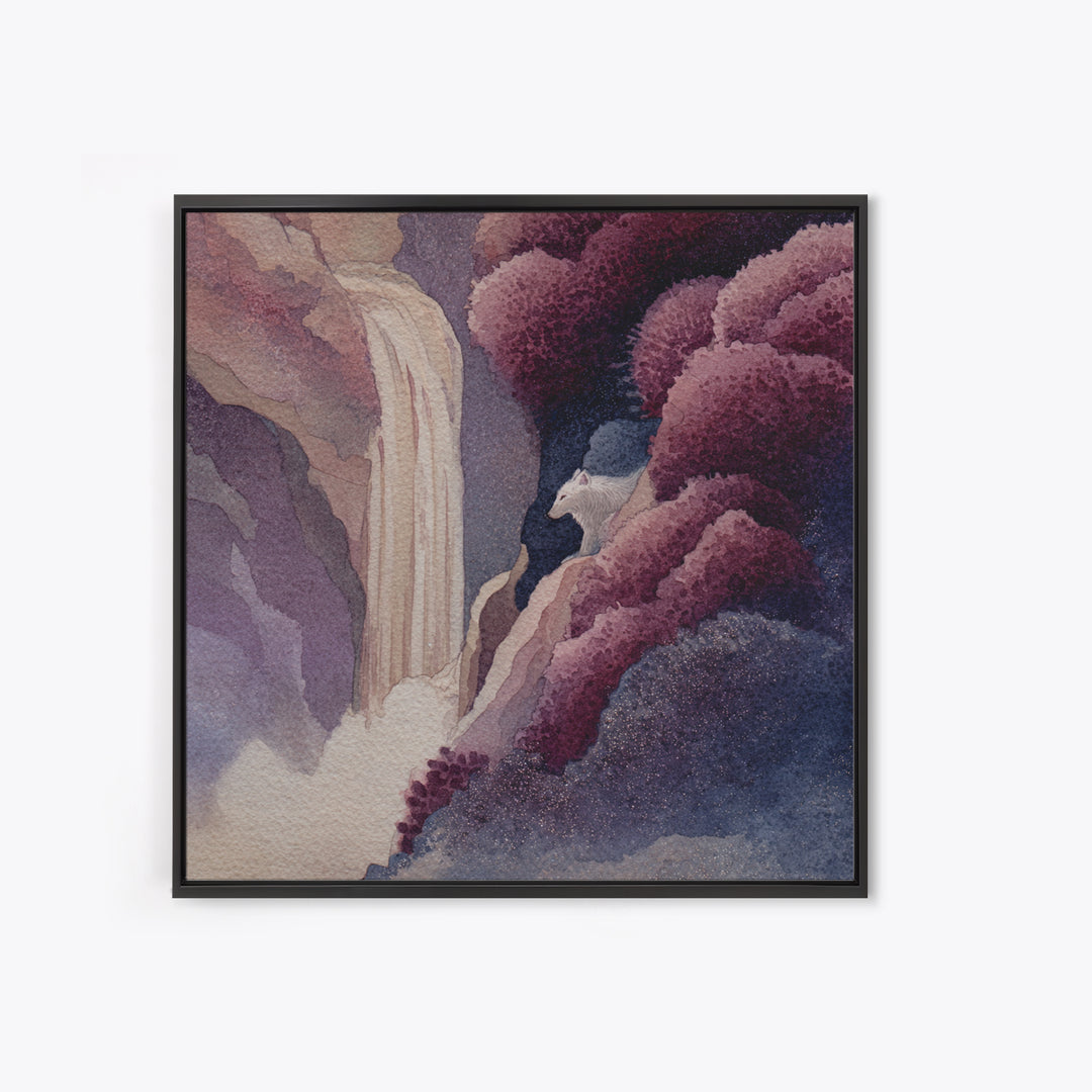 Mythic Waterfall Guarded by White Wolves Framed Canvas Print, Fantasy Art, Dragon Art, Living Room Decor, Watercolor Art, FAN-1x1-24