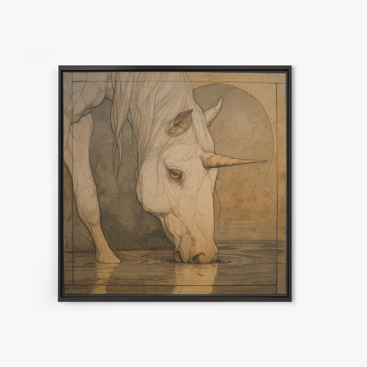Unicorn Drinking from a Silver Stream Framed Canvas Print, Fantasy Art, Art Print, Living Room Decor, Fine Art, Mythic, FAN-1x1-40