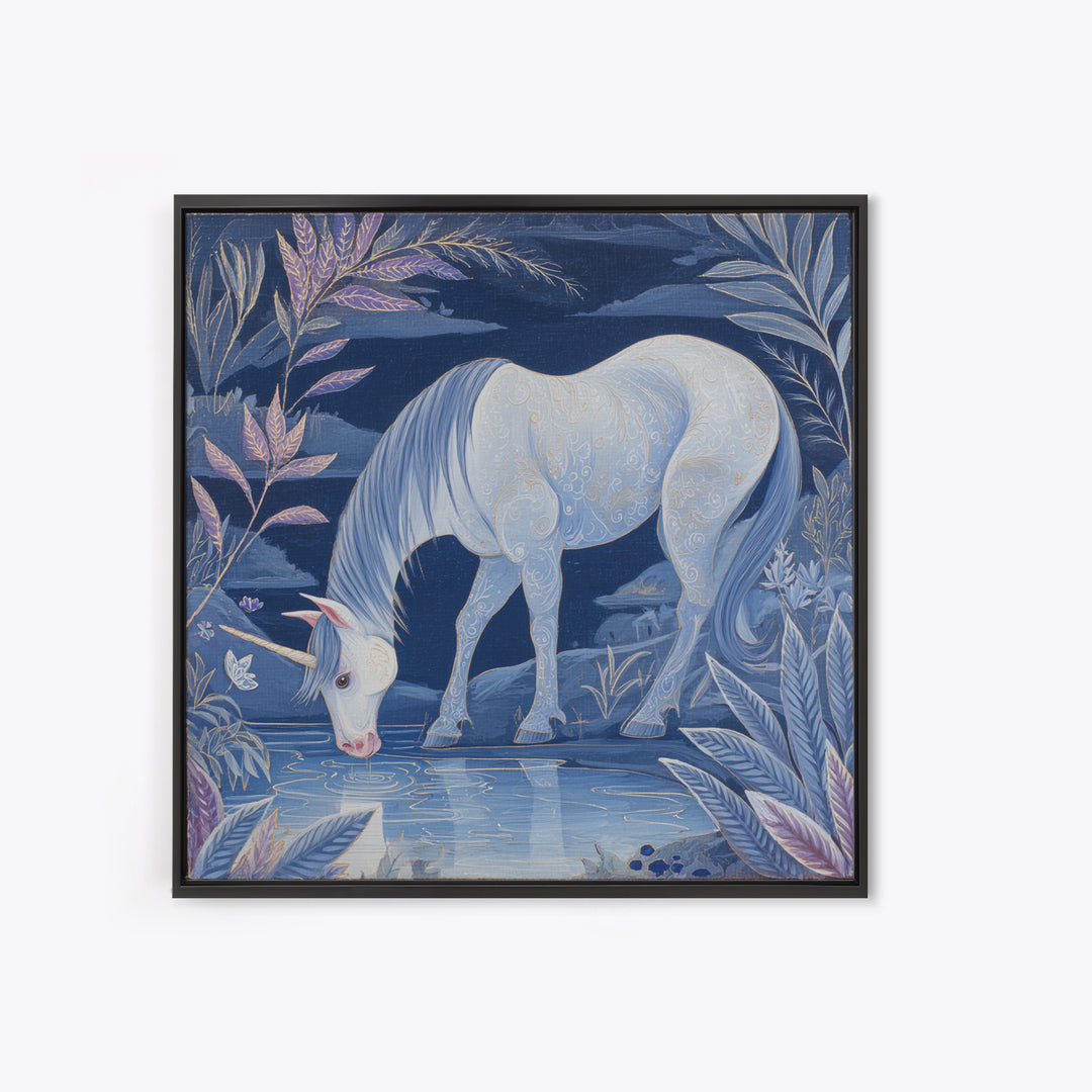Unicorn Drinking from a Silver Stream Framed Canvas Print, Fantasy Art, Textured Painting, Living Room Decor, Fine Art, Mythic, FAN-1x1-88
