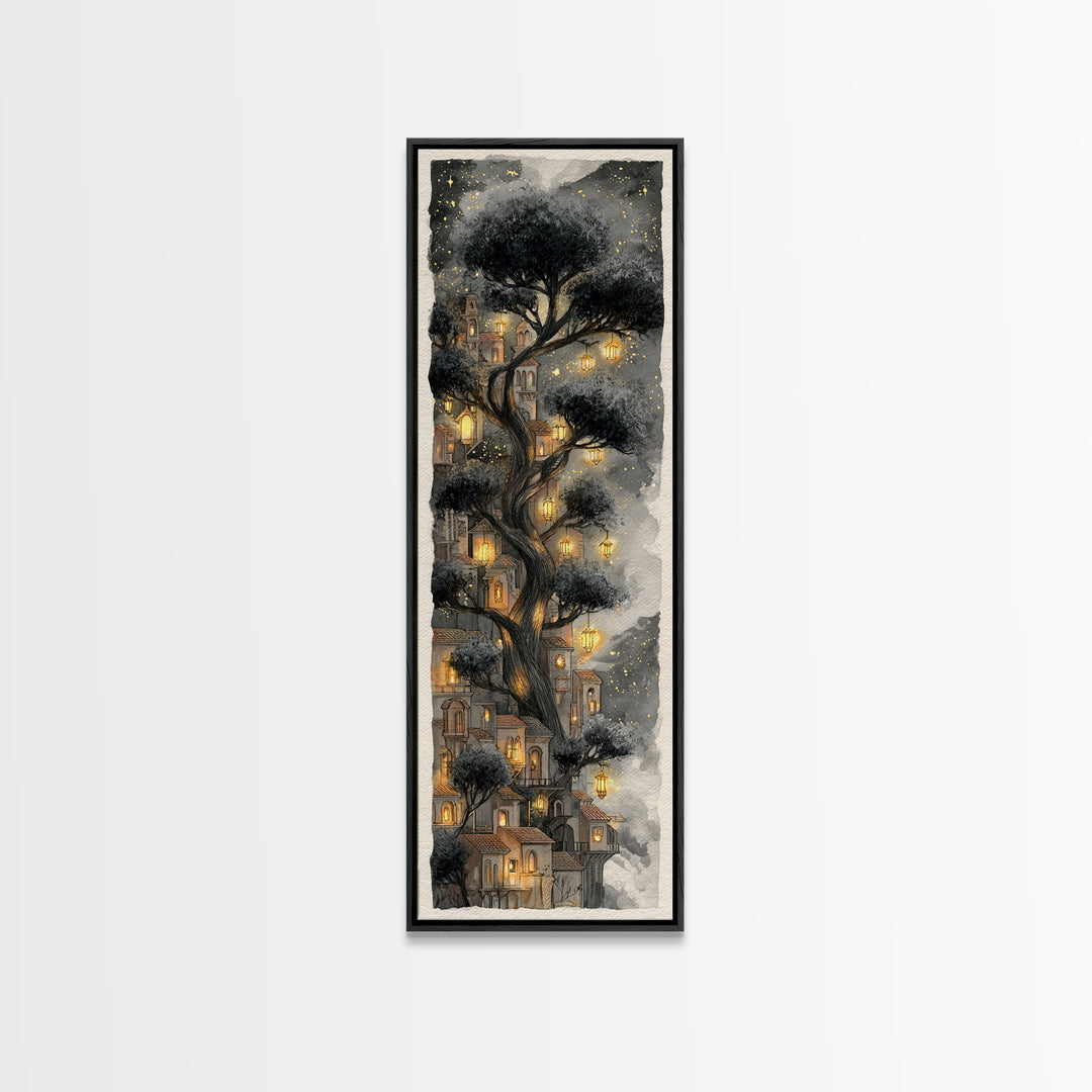 Forest Spirit with Antlers and Glowing Eyes Framed Canvas Print, Fantasy Art, Living Room Decor, Oil Painting, Mythic, FAN-1x3-24