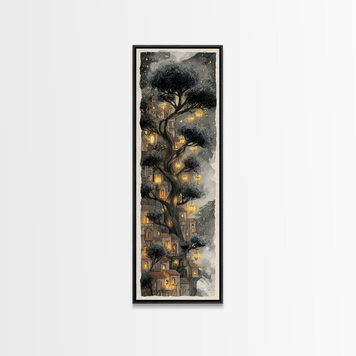 Forest Spirit with Antlers and Glowing Eyes Framed Canvas Print, Fantasy Art, Living Room Decor, Oil Painting, Mythic, FAN-1x3-24