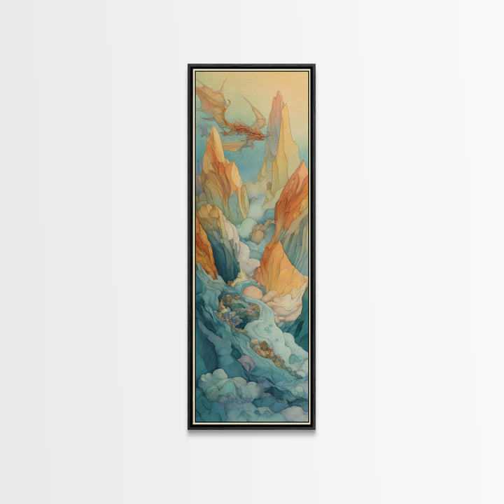 Unicorn Drinking from a Silver Stream Framed Canvas Print, Fantasy Art, Boho Wall Art, Living Room Decor, Oil Painting, Mythic, FAN-1x3-76