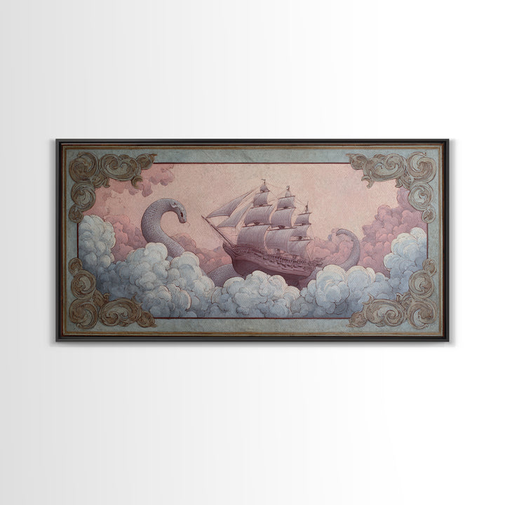 Unicorn Drinking from a Silver Stream Framed Canvas Print, Fantasy Art, Landscape, Living Room Decor, Fine Art, Mythic, FAN-2x1-84