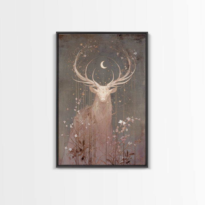 Forest Spirit with Antlers and Glowing Eyes Framed Canvas Print, Fantasy Art, Print, Living Room Decor, Fine Art, Mythic, FAN-2x3-20