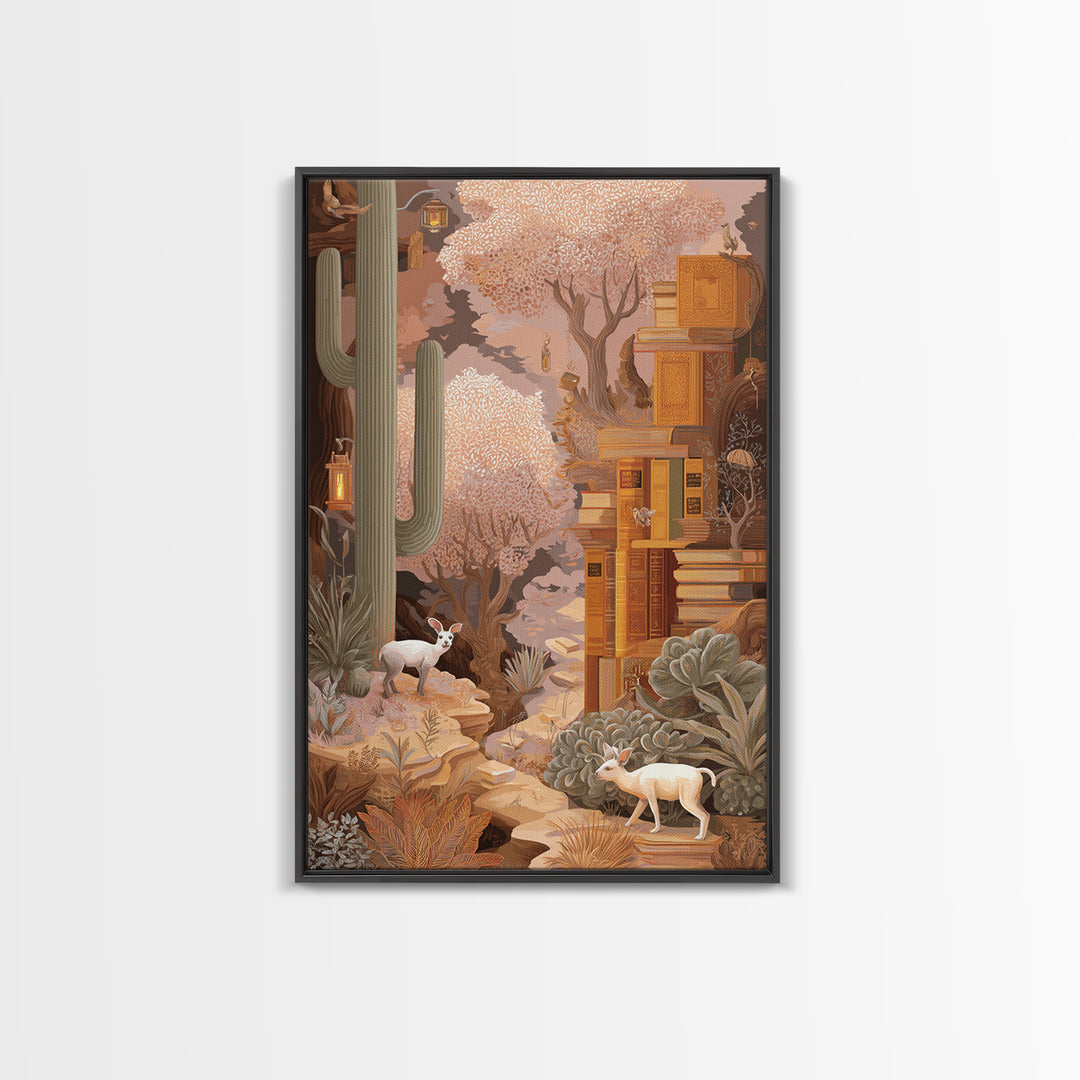 Enchanted Library with Floating Books Framed Canvas Print, Fantasy Art, Statement Artwork, Living Room Decor, Fine Art, Mythic, FAN-2x3-4