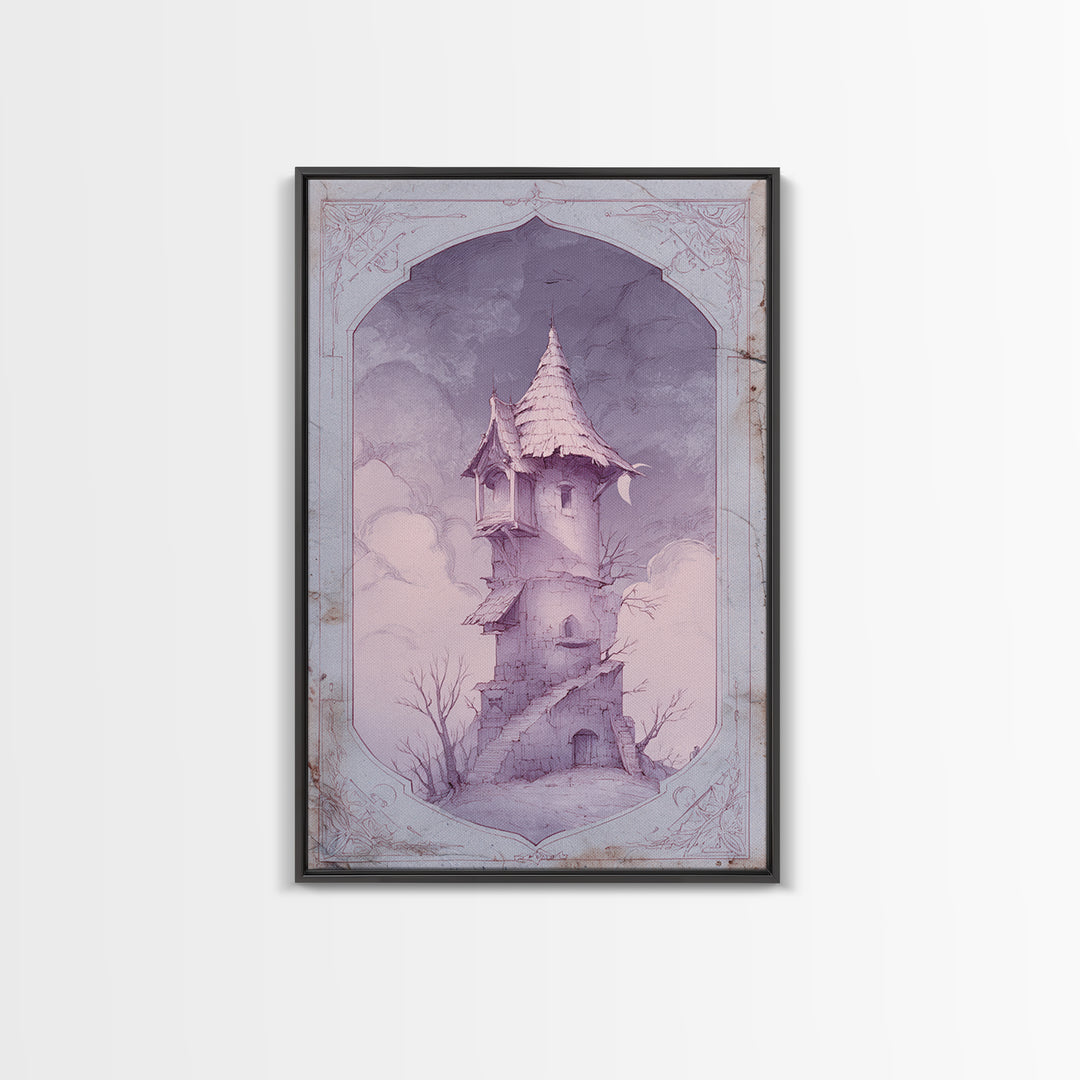 Wizard Tower under a Violet Storm Sky Framed Canvas Print, Fantasy Art, Wall Art, Living Room Decor, Fine Art, Mythic, FAN-2x3-60