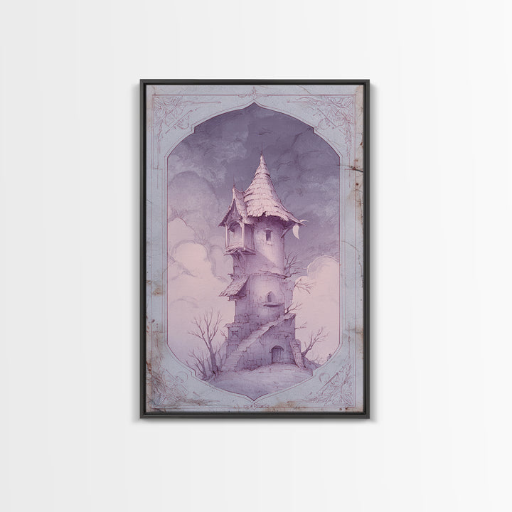 Wizard Tower under a Violet Storm Sky Framed Canvas Print, Fantasy Art, Wall Art, Living Room Decor, Fine Art, Mythic, FAN-2x3-60
