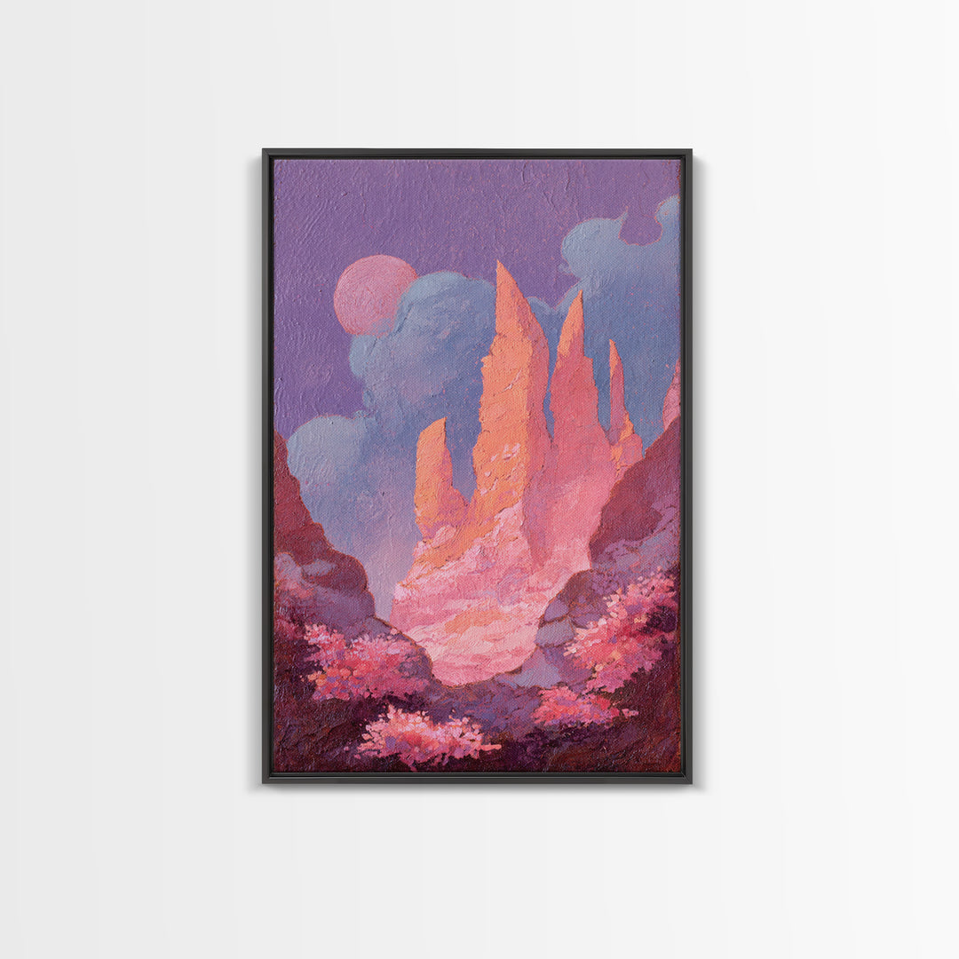 Wizard Tower under a Violet Storm Sky Framed Canvas Print, Fantasy Art, Dragon Art, Living Room Decor, Fine Art, Mythic, FAN-2x3-84