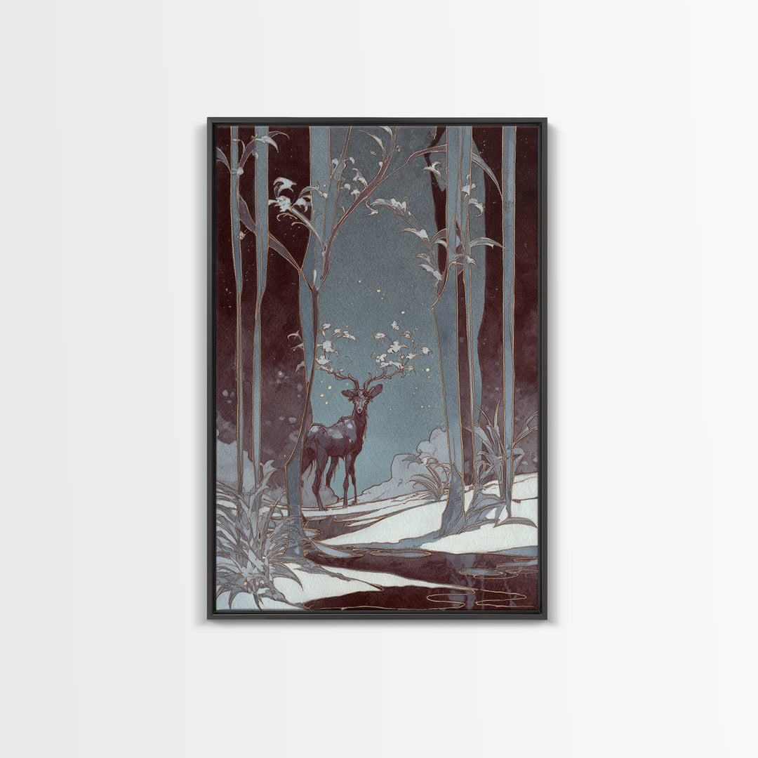Forest Spirit with Antlers and Glowing Eyes Framed Canvas Print, Fantasy Art, Gallery Decor, Living Room Decor, Mythic, FAN-2x3-92