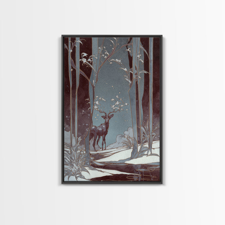 Forest Spirit with Antlers and Glowing Eyes Framed Canvas Print, Fantasy Art, Gallery Decor, Living Room Decor, Mythic, FAN-2x3-92