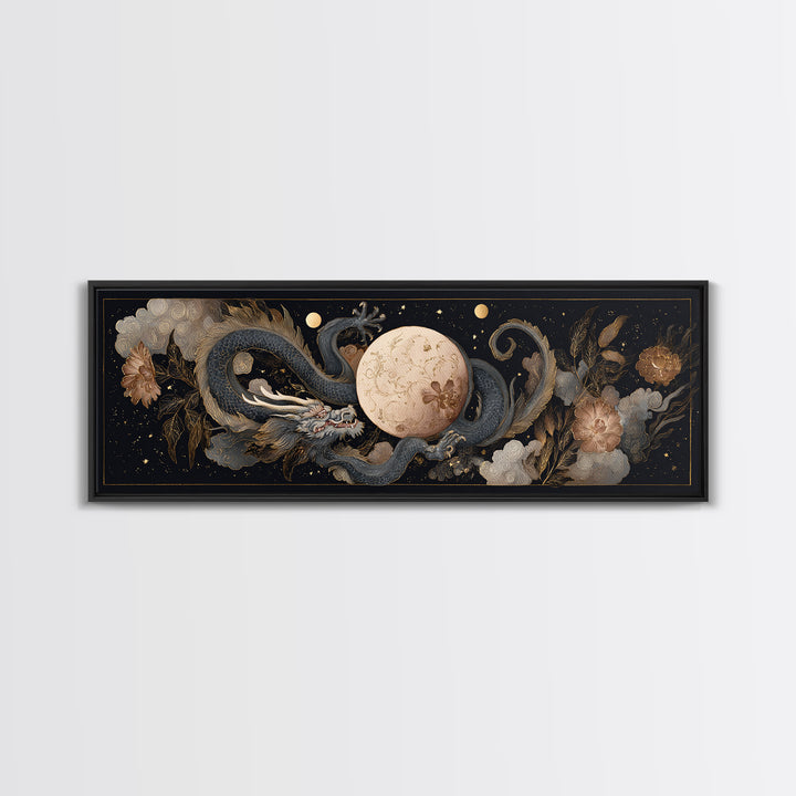 Celestial Dragon Wrapped Around a Moon Canvas Print, Fantasy Art, Art, Living Room Decor, Fine Art, Mythic, Watercolor Painting, FAN-3x1-78