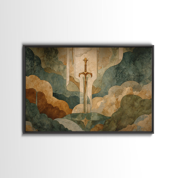 Magic Sword Embedded Framed Canvas Print, Fantasy Art, Neutral Decor, Living Room Decor, Fine Art, Mythic, Wall Art, Home Decor, FAN-3x2-39