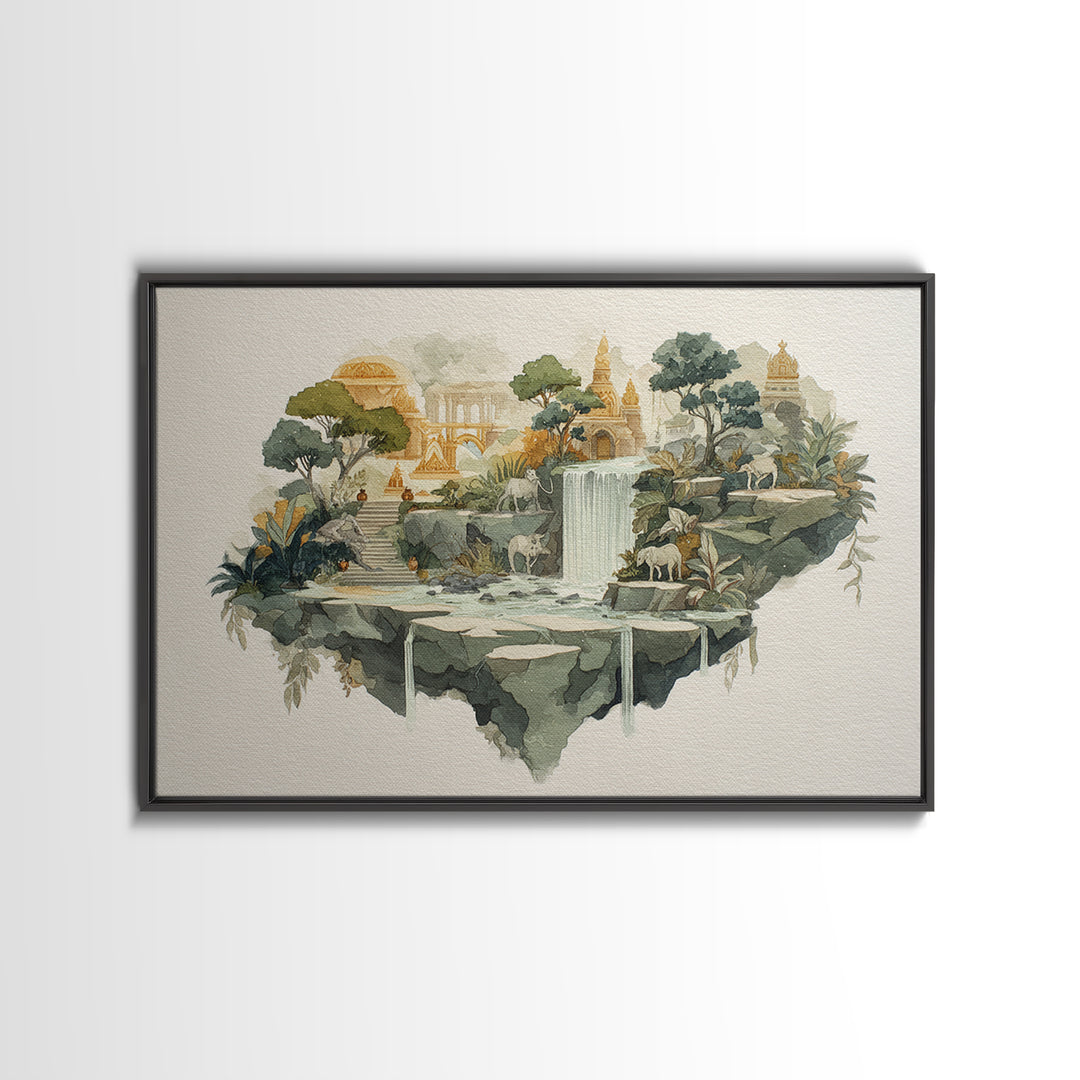 Floating Island with Waterfalls and Ancient Ruins Canvas Print, Fantasy Art, Fantasy Art Print, Living Room Decor, Mythic, FAN-3x2-79