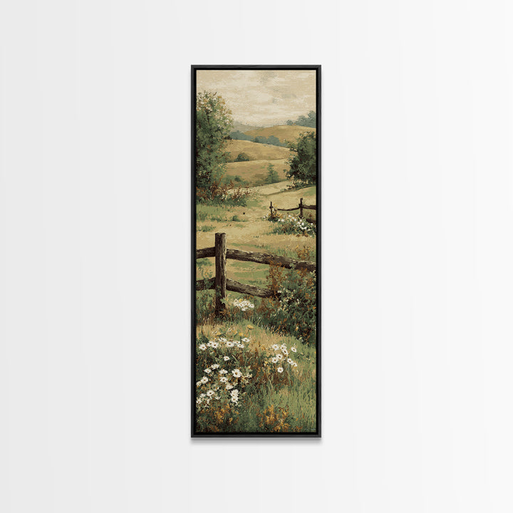 Country Landscape with Fence and Rolling Hills Canvas Print, Farmhouse Art, Floral Wall Art, Farmhouse Decor, Fine Art, Harvest, FAR-1x3-26