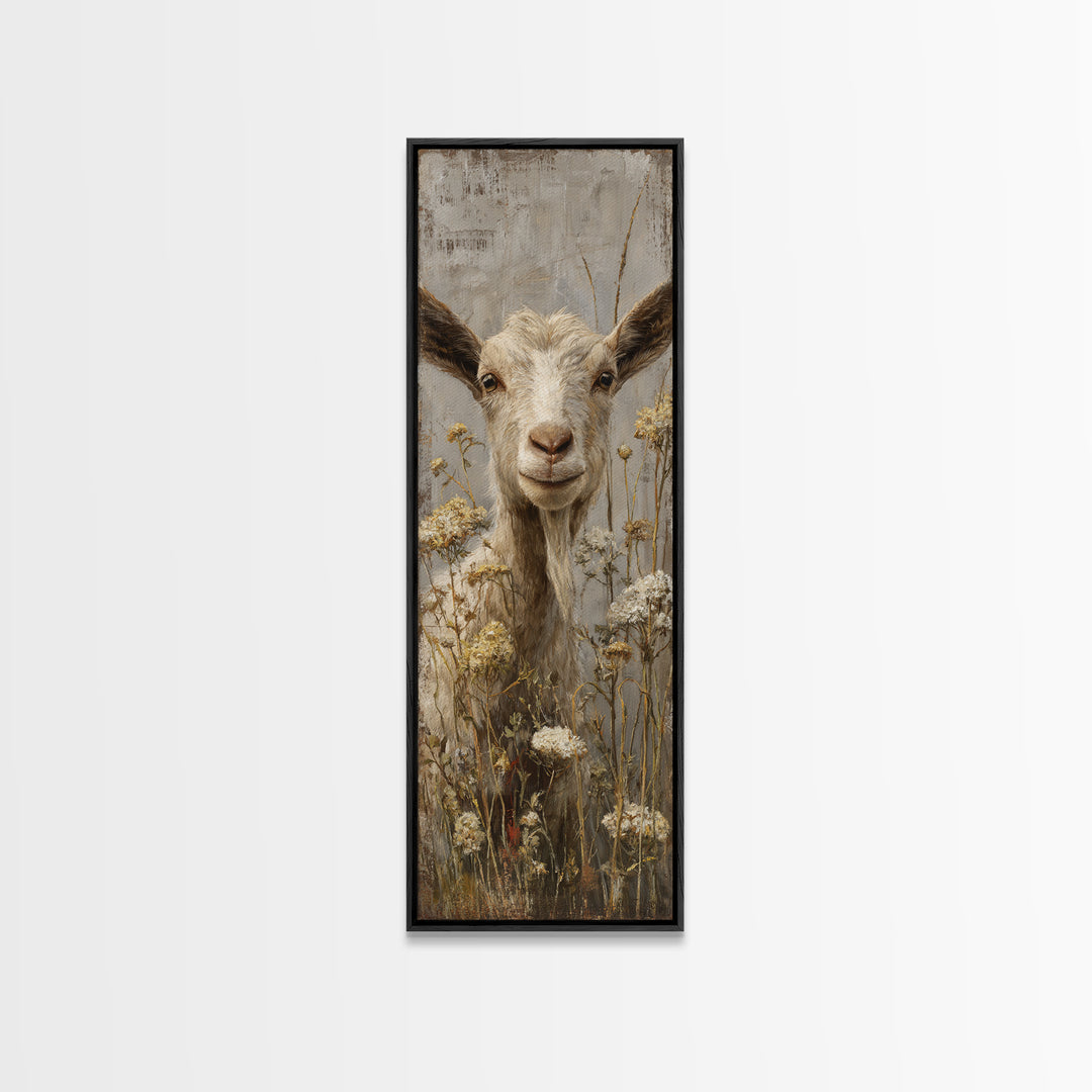 Goat Portrait with Playful Expression Framed Canvas Print, Farmhouse Art, Landscape Painting, Farmhouse Decor, Oil Painting, FAR-1x3-30