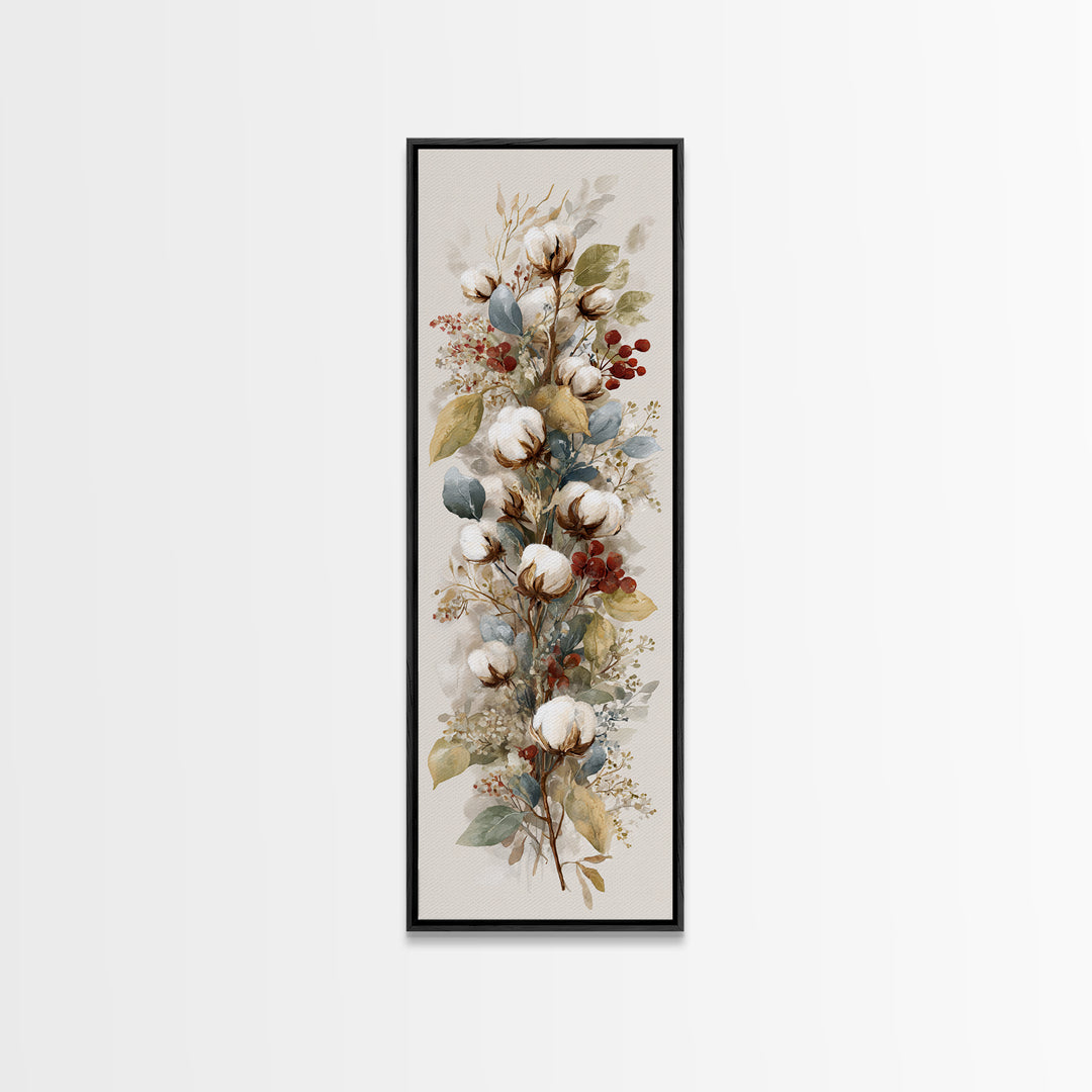 Farmhouse Wreath of Cotton Stems and Eucalyptus Canvas Print, Farmhouse Art, Textured Painting, Farmhouse Decor, Harvest, FAR-1x3-32