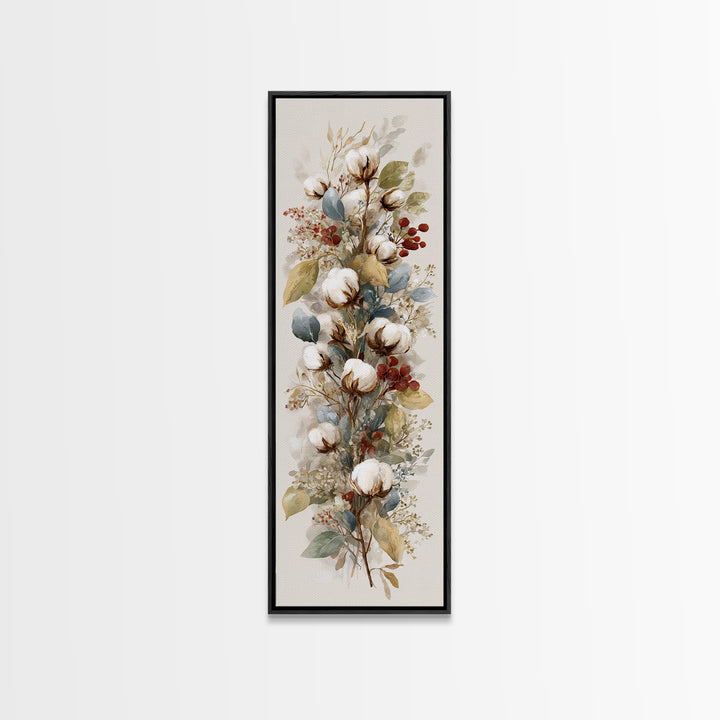 Farmhouse Wreath of Cotton Stems and Eucalyptus Canvas Print, Farmhouse Art, Textured Painting, Farmhouse Decor, Harvest, FAR-1x3-32