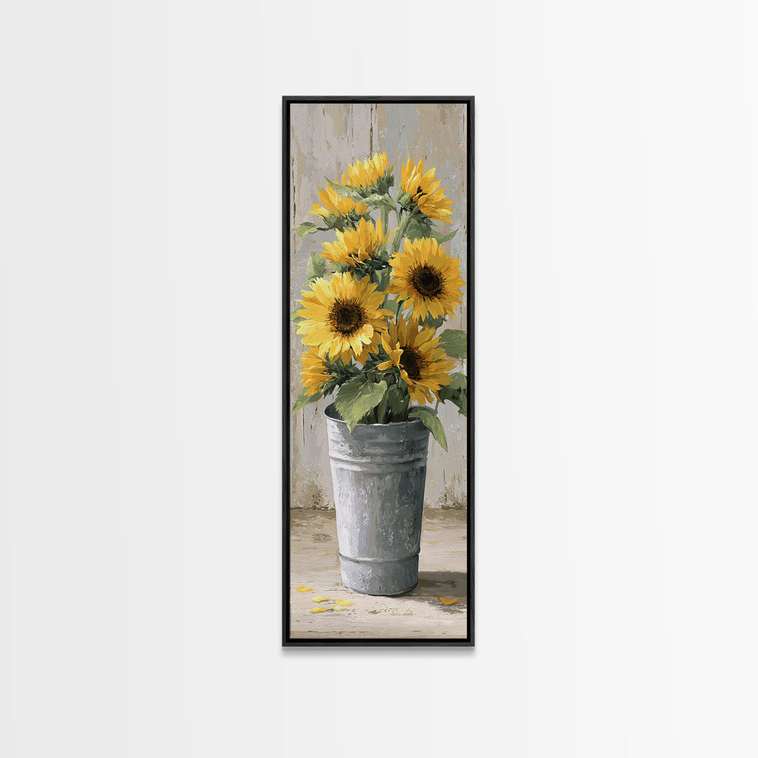 Sunflowers in a Galvanized Metal Bucket Canvas Print, Farmhouse Art, Digital Art, Farmhouse Decor, Oil Painting, Harvest, FAR-1x3-39