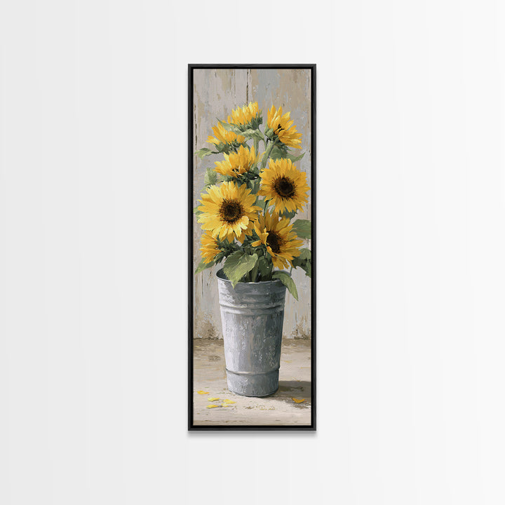 Sunflowers in a Galvanized Metal Bucket Canvas Print, Farmhouse Art, Digital Art, Farmhouse Decor, Oil Painting, Harvest, FAR-1x3-39