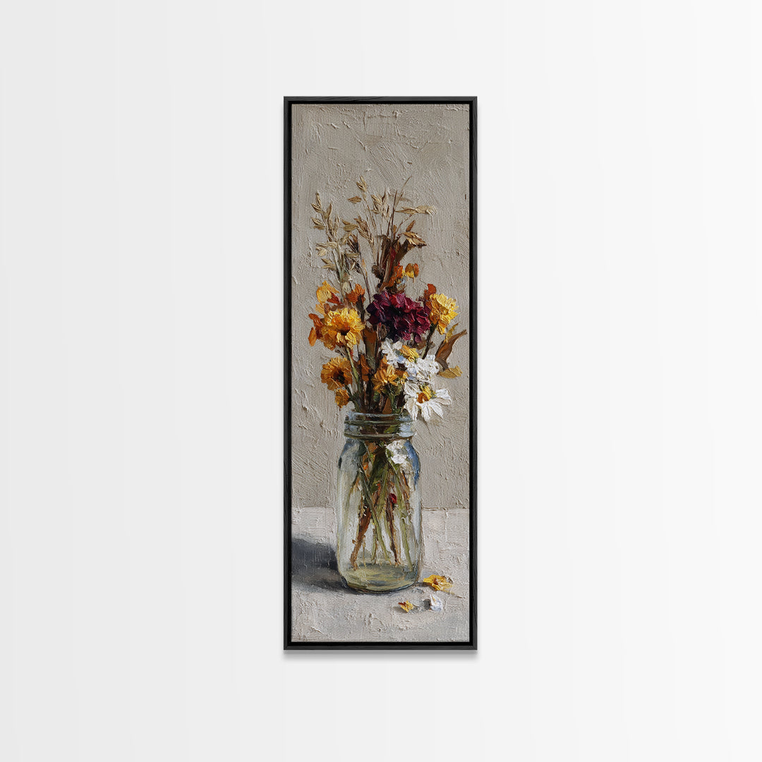 Wildflowers in a Mason Jar on Linen Canvas Print, Farmhouse Art, Printable Wall Art, Farmhouse Decor, Watercolor Art, Harvest, FAR-1x3-43