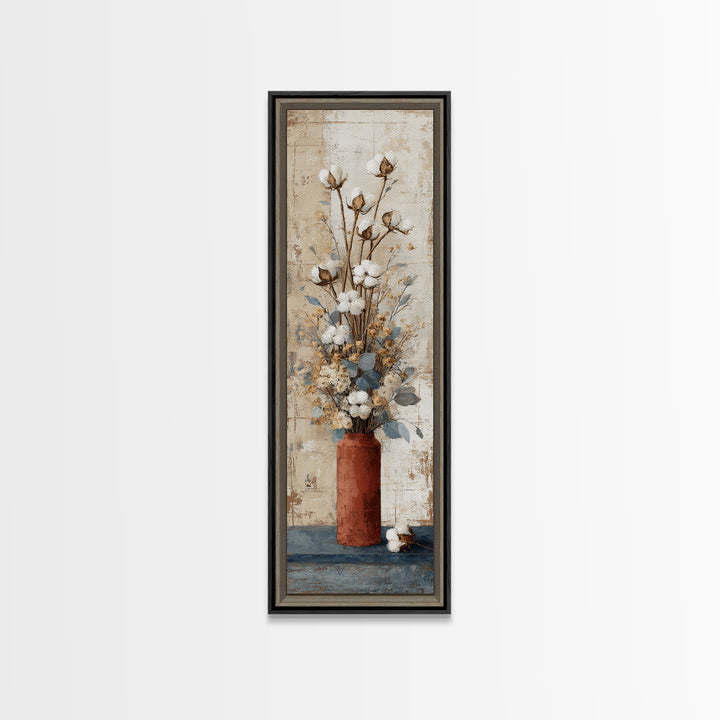 Farmhouse Wreath of Cotton Stems and Eucalyptus Framed Canvas Print, Farmhouse Art, Farmhouse Decor, Fine Art, Harvest, FAR-1x3-80