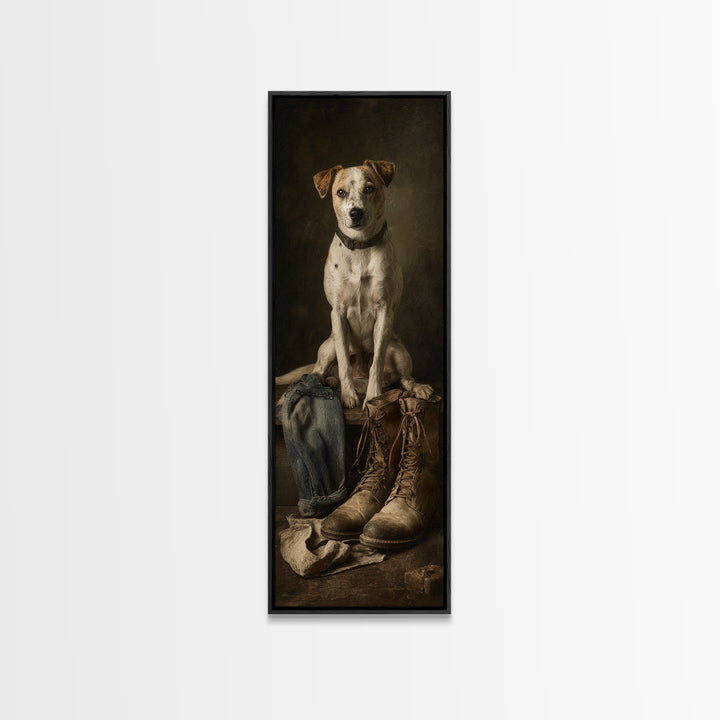 Farm Dog Lying Beside Weathered Boots Canvas Print, Farmhouse Art, Minimalist Decor, Farmhouse Decor, Fine Art, Harvest, FAR-1x3-93