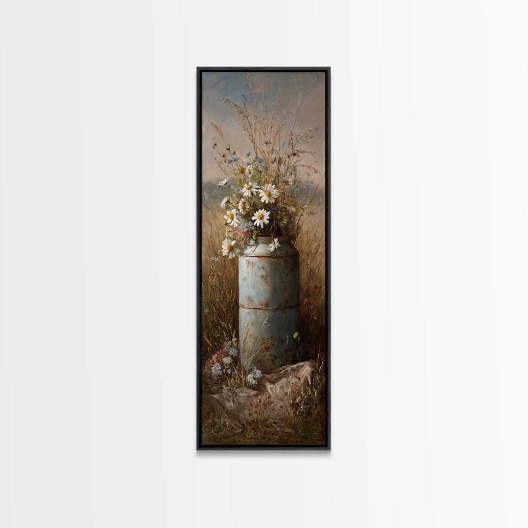Old Milk Can Framed Canvas Print, Farmhouse Art, Watercolor Painting, Farmhouse Decor, Abstract Art, Harvest, Botanical Art, FAR-1x3-96