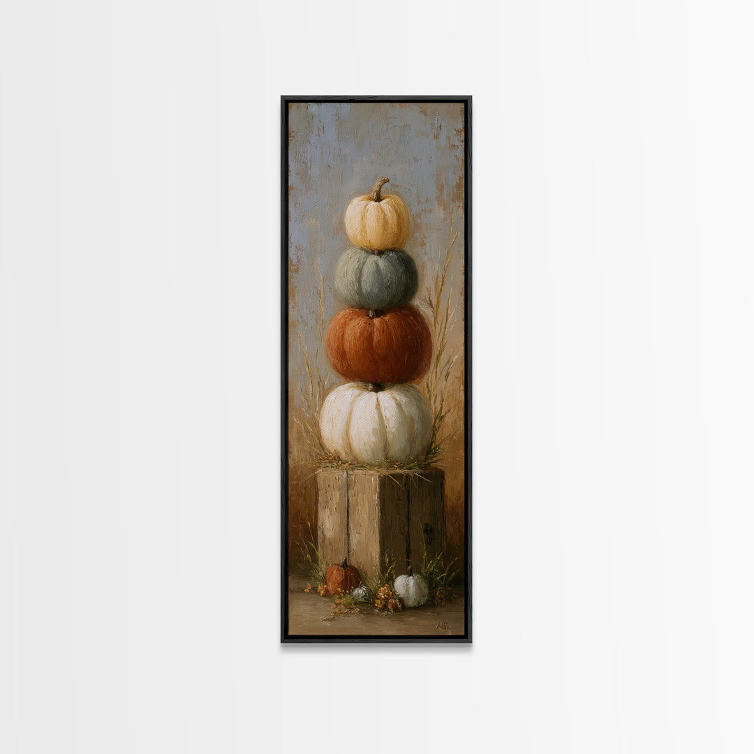 Pumpkins Stacked on a Wooden Crate Canvas Print, Farmhouse Art, Landscape Art, Farmhouse Decor, Oil Painting, Harvest, FAR-1x3-97