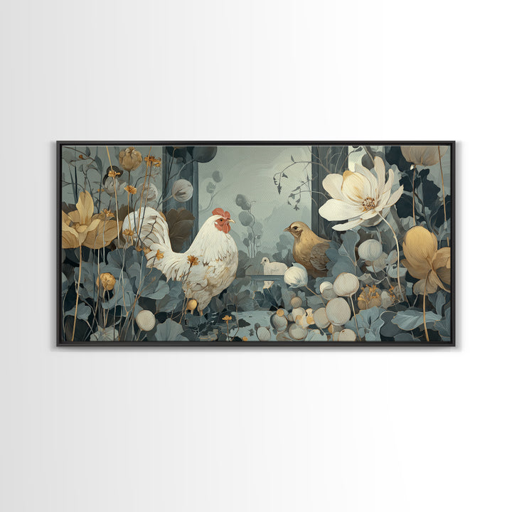 Chicken Family in a Garden Patch Framed Canvas Print, Farmhouse Art, Sage Green Wall Art, Farmhouse Decor, Fine Art, Harvest, FAR-2x1-11